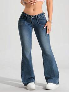 SHEIN Tall Street Chic Low Waist Jeans Flare Pants With Pockets - Dark Wash - View 1