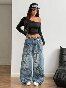 StreetHx Street Style Full Graffiti Print Wide Leg Jeans - Light Wash - View 4