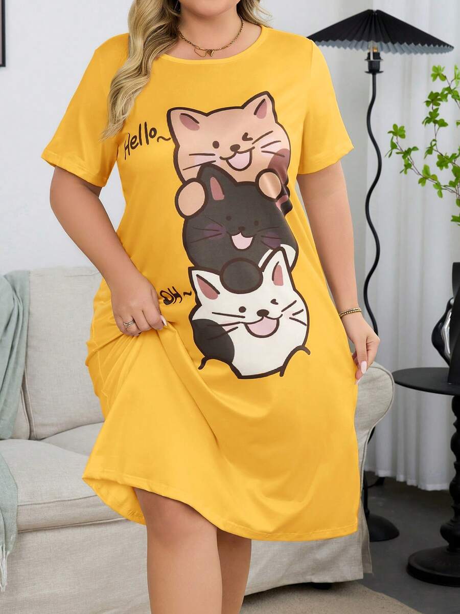 Áo ngủ tay ngắn dệt kim hình mèo dễ thương cỡ lớn - Nhiều màu - Xem 1