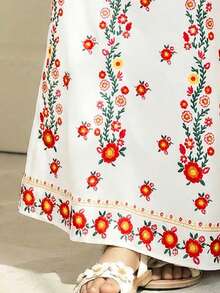 SHEIN Young Girl Floral Print Round Neck Long Sleeve Dress, White Autumn Family Matching Traditional Arabic Dress, Modest Kaftan Young Girls Jalabiya Abaya - Multicolor - View 4