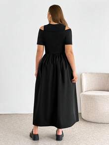 SHEIN Essnce 大码女装春夏时尚休闲弹力舒适日常百搭显瘦黑色修身短袖长连衣裙，带口袋，夏季穿搭，黑色连衣裙，露肩连衣裙，黑色优雅连衣裙，女士优雅中长连衣裙，休闲黑色连衣裙，连衣裙，端庄春夏休闲度假连衣裙，女士黑色夏季连衣裙，女士黑色连衣裙 - 黑色 - 查看 2