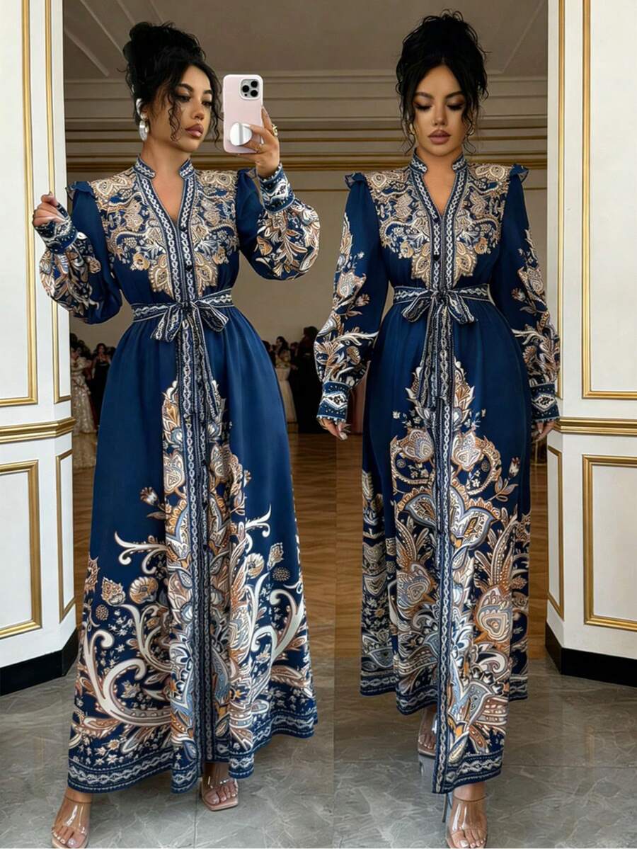 Rafferiza Modisches & elegantes, locker sitzendes Perris Placement Muster V-Ausschnitt Langarm Damen Kleid, Herbst/Winter - marineblau - Übersicht 1