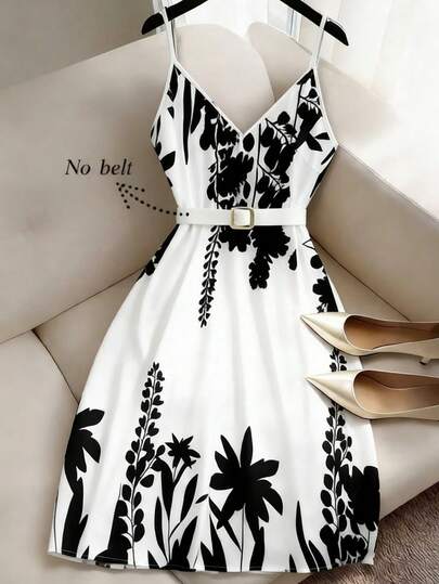 GlowEve CURVE Vestido de tirantes finos con cuello en V y estampado floral en blanco y negro para mujer, vestido mini ligero y retro chic para fiestas de verano en el patio, citas de San Valentín o exposiciones de arte los fines de semana