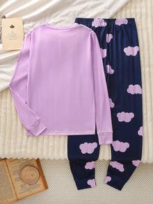 Teen GirlPurple Minimalist Eyelash & Cloud Pattern Long Sleeve Top And Leggings 2 Pieces Pajama Set Snug Fit Purple Pajamas Set Girl Pajama Sets - Purple - View 2