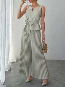 DAZY 女士优雅纯色系带吊带背心和阔腿裤两件套，夏季婚礼宾客礼服 - 綠色 - 查看 5
