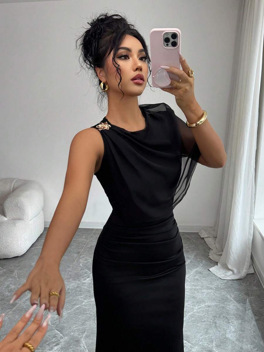 Rafferiza Women's Elegant Chiffon Patchwork Dress - Black - View 1