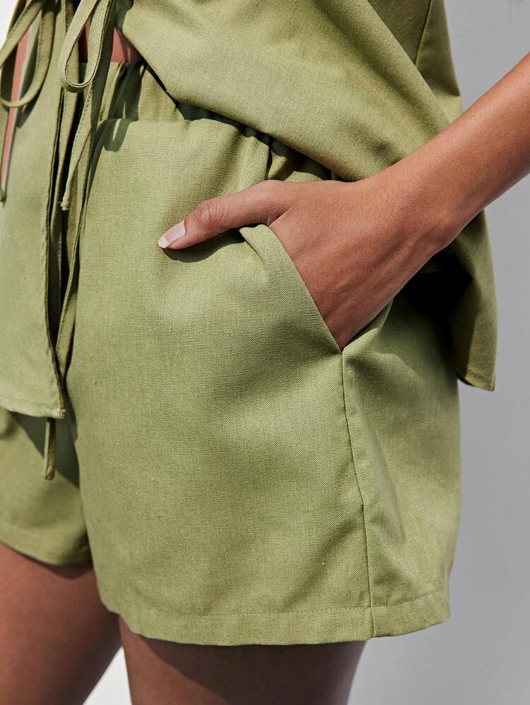 SHEIN Maija Women's Sexy Tie-Up Backless Halter Top And Shorts 2 Pieces Set, Summer