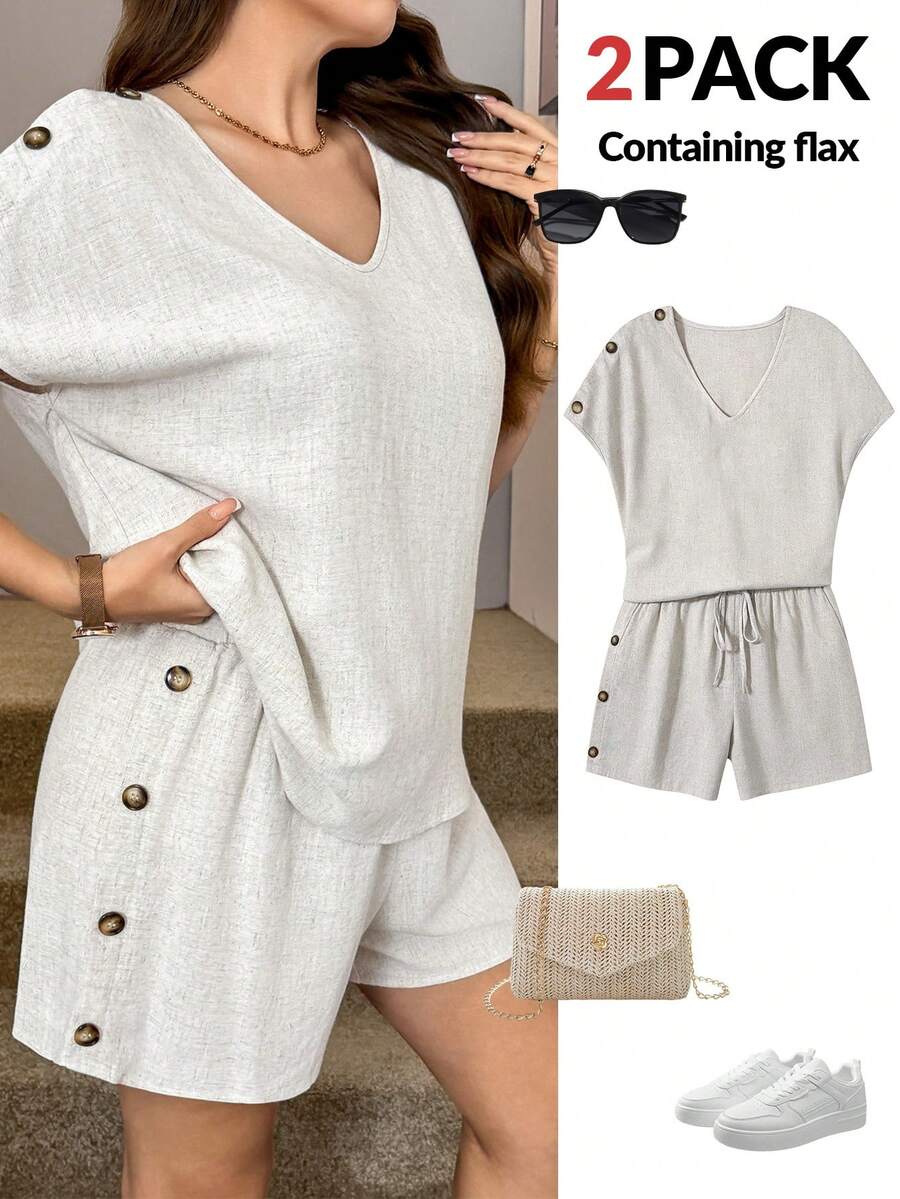 SHEIN LUNE 两件套纽扣装饰休闲上衣和松紧腰短裤套装，百搭大码服装，适合户外和通勤，夏季女装，圣帕特里克节服装，复活节夏季服装，春季女装，海滩圣帕特里克节复活节休闲套装，夏季度假服装，复活节狂欢服装，节日波西米亚风女装，乡村风格服装，乡村音乐会服装，春季女装，夏季服装，西部风格女装 - 杏色 - 查看 1