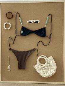 Swim Vcay Bộ bikini nữ màu trơn không gọng, có họa tiết trang trí, gồm áo hai dây và quần bơi, kiểu dáng gợi cảm, thích hợp cho kỳ nghỉ biển, đồ bơi màu nâu mùa xuân/hè. - Cà phê nâu - Xem 2