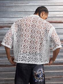 AXEPEAK Men's Hollow Out Short Sleeve Single-Breasted Fashionable Shirt - White - View 3