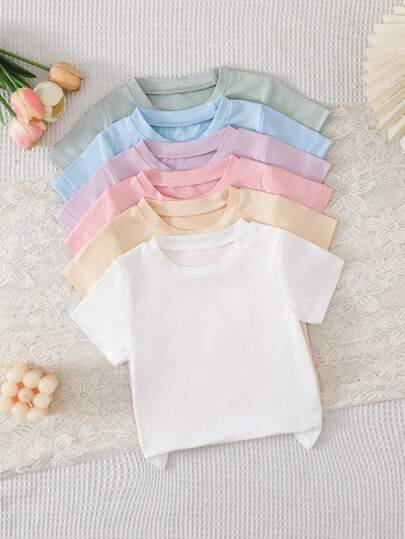 SHEIN Playful Pals 6pcs/Set Toddler Girls' All-Match Solid Color Loose Fit Soft Knit Short Sleeve T-Shirts, Versatile For Casual Daily Wear, Spring/Summer, Multiple Colors Available (Black, Pink, White, Apricot, Gray, Purple)