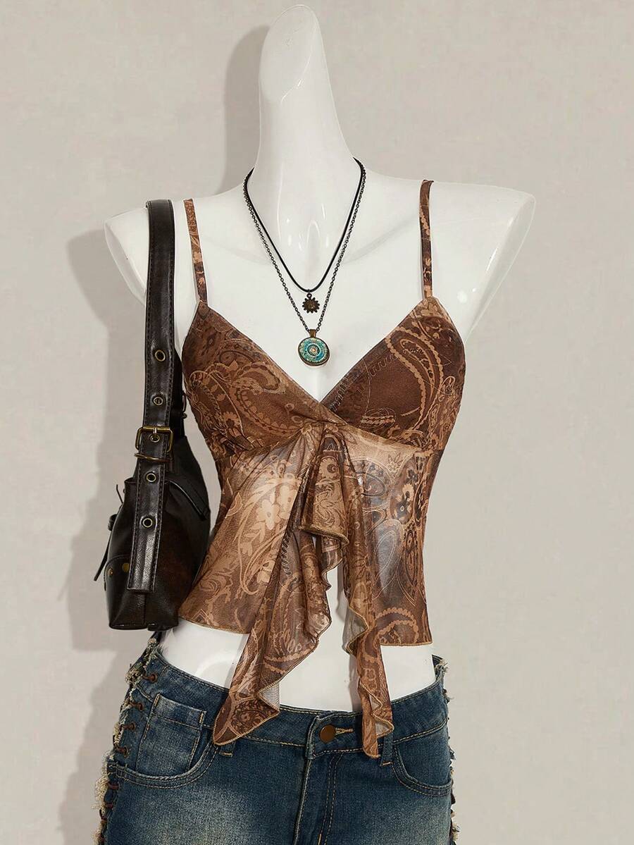 SHEIN ICON Áo hai dây nữ in hoa, viền bèo nhún, thời trang cho kỳ nghỉ. - màu nâu - Xem 1