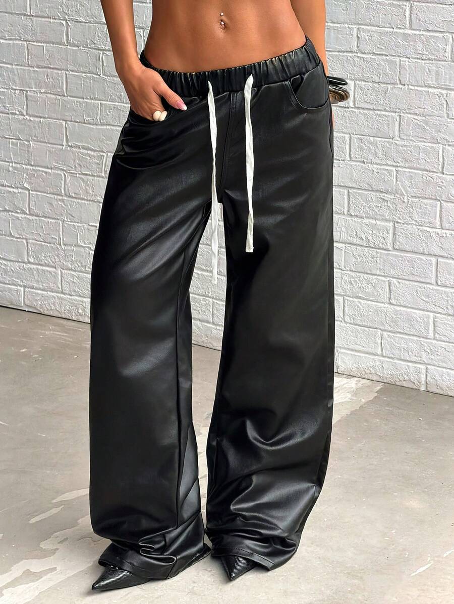 Jeanoix Y2K Fashion Casual Elastic Waist Drawstring Faux Leather Coated Wide Leg Pants - Black - View 1