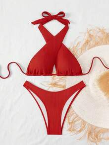 Swim SXY 2 bộ đồ bơi mùa hè dành cho nữ, màu trơn, kiểu buộc dây phía sau, chất liệu dệt kim. - Đỏ - Xem 4