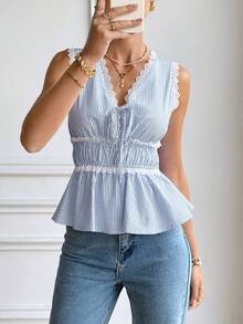 Serisse Áo kiểu nữ không tay kẻ sọc viền ren, thích hợp cho mùa hè. - Xanh và trắng - Xem 8