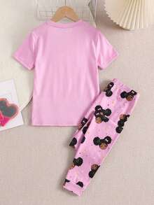 SHEIN 少女卡通印花修身短袖长裤两件套休闲针织睡衣套装 - 粉色 - 查看 2