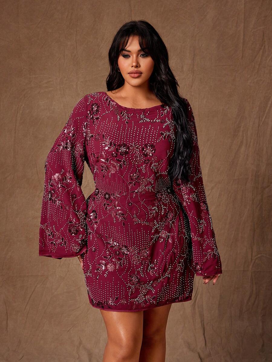 Rustia 时尚亮片露背喇叭袖短款连衣裙（女款） - 酒紅色 - 查看 1