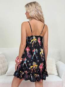 The Winx x SHEIN Camisón de dormir con figura de dibujos animados, encaje y parches para mujer - Negro - Ver 2
