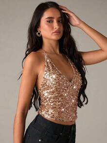 SHEIN BAE Canotta aderente da donna con scollo a V, spalline sottili, collo a canottiera e decorazioni in paillettes, senza schienale - Castano - Visualizzare 5