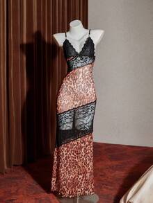 Slumberist Women's Sexy Leopard Print Lace Patchwork Deep V Bodycon Slip Dress - Multicolor - View 3