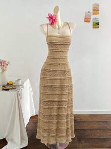 Franclia White Openwork Crochet Dress, Beach Vacation Style - Khaki - View 1