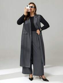 Auralis Bộ đồ nữ cỡ lớn thời trang xuân/hè thanh lịch, rộng rãi, thoải mái gồm áo blazer dài và quần ống rộng màu xám, thích hợp mặc hàng ngày, trang phục mùa xuân, trang phục công sở, phong cách cổ điển, phong cách doanh nhân. - Xám - Xem 5
