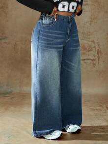 Truni Celana Panjang Denim Pudar Vintage Ukuran Plus dengan Potongan Lebar dan Saku Hati, Modis & Serbaguna untuk Pakaian Musim Panas dan Gugur untuk Wanita, Cocok untuk Bentuk Tubuh Pir dan Segitiga - Biru - View 6