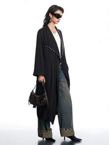 Airlisse 女士新款长款黑色风衣，领口铆钉装饰，休闲机车风，春夏款 - 黑色 - 查看 4