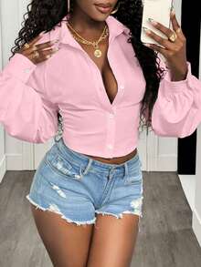 BamGleam 纯色衬衫领露背系带性感露肩袖女式衬衫 - 粉色 - 查看 2