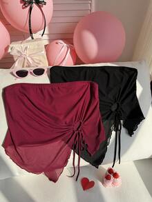 SHEIN EZwear 2 pièces Hauts décontractés avec volants et ourlet asymétrique, taille avec cordon, pour grandes tailles. Tenue de vacances, printemps/été - Multicolore - Voir 6