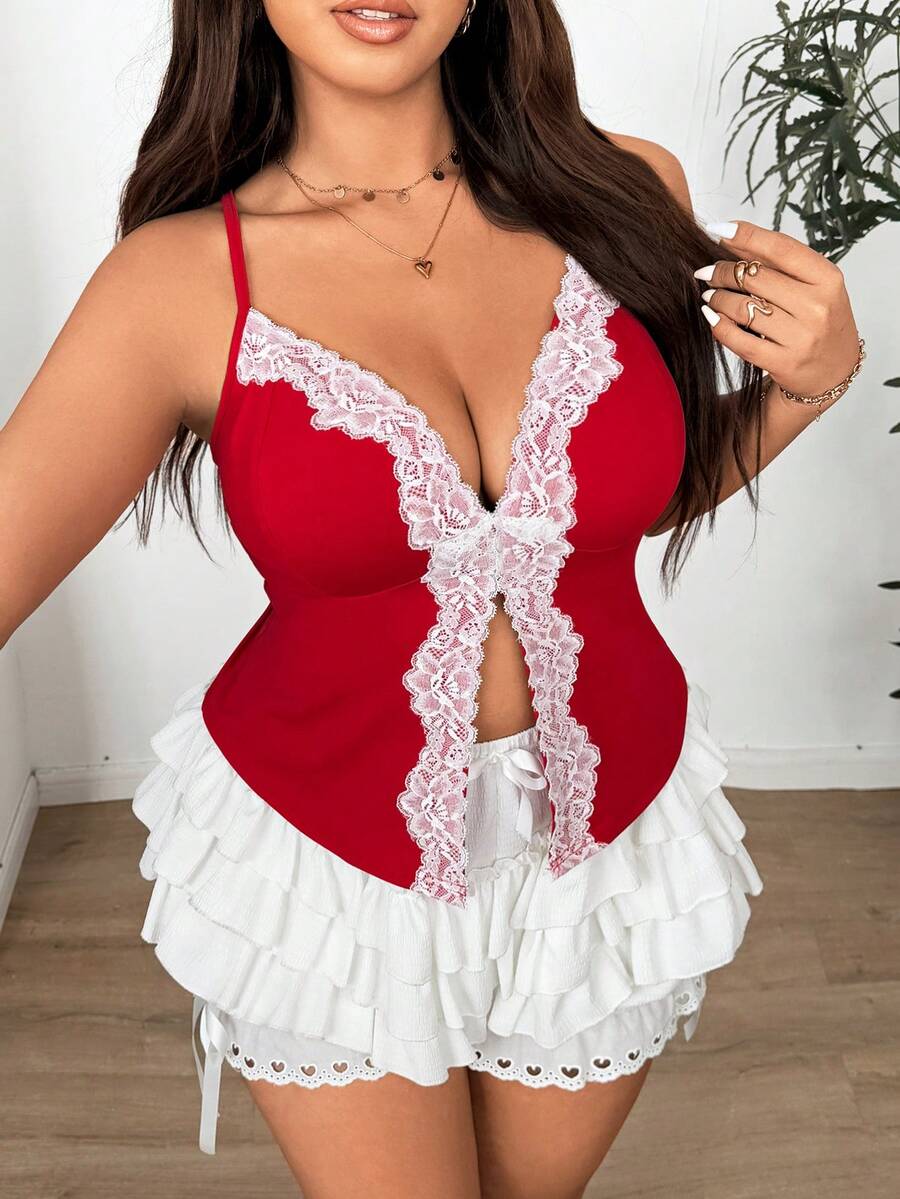 Sunnyshic Plus Size Women Summer Fashion Contrast Lace Sexy Camisole Top - Red - View 1