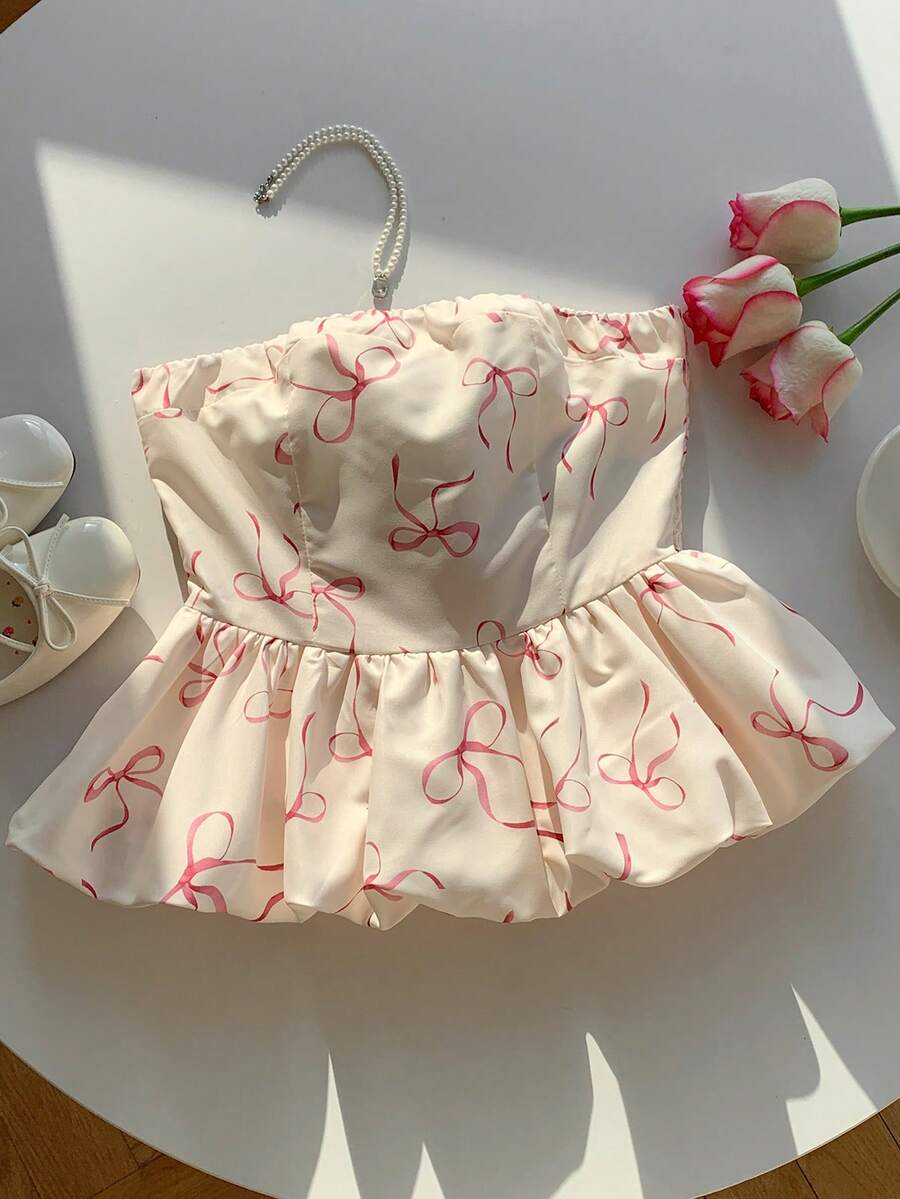 Comfortcana Áo quây nữ kiểu dáng thường ngày, in nơ, viền xếp ly phồng, thích hợp cho mùa hè. - Nhiều màu - Xem 1