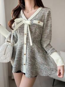 FRIFUL 女士V领金属纽扣装饰领蝴蝶结腰部荷叶边下摆衬衫 - 杏色 - 查看 1