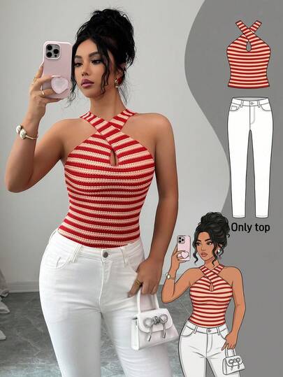 Elenzga Blusa elegante de alta calidad con diseño de cintura ceñida, de tela de punto texturizada roja y blanca, adecuada como regalo de cumpleaños, para citas, fiestas, Día de San Valentín, Día del Trabajo, viajes, estilo casual de calle, nueva llegada de primavera/verano, top sin mangas con cuello cruzado y textura de contraste minimalista