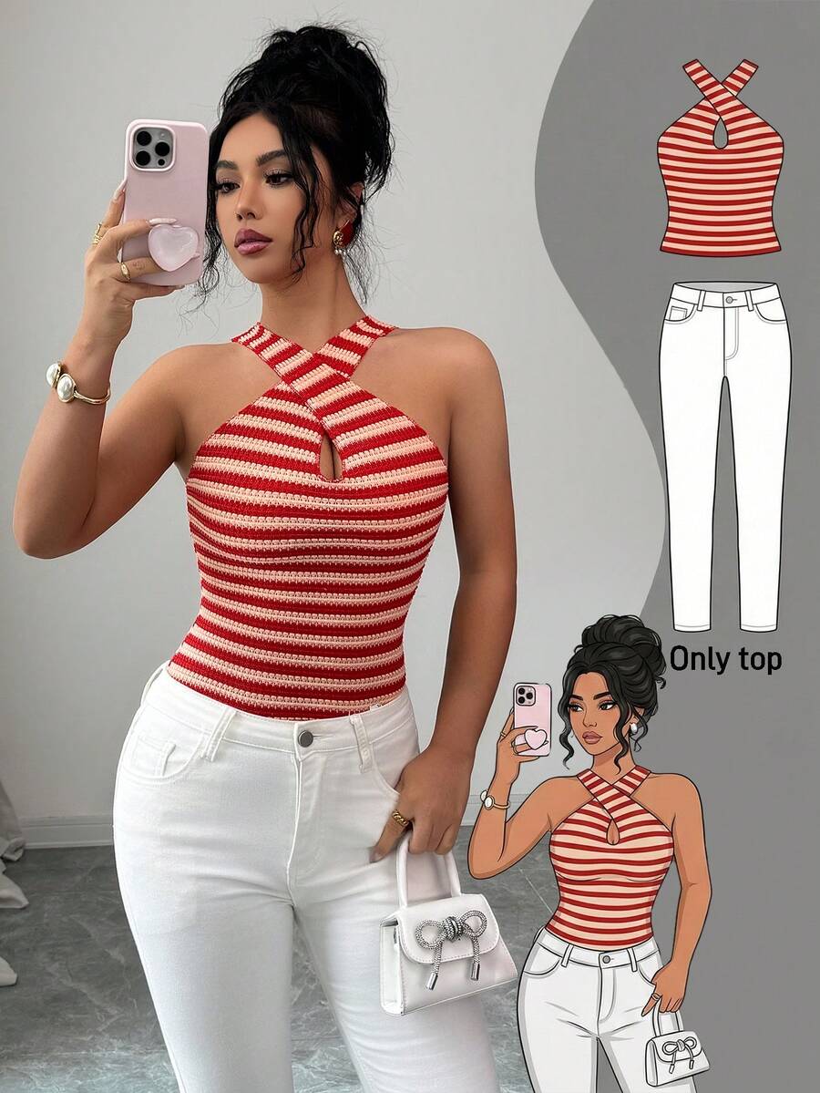 Elenzga 女士红白纹理针织面料收腰设计优雅高品质上衣，适合生日礼物、约会、派对、情人节、劳动节、旅行、休闲街头风穿着，春夏新品，简约撞色纹理面料交叉领无袖背心 - 紅白色 - 查看 1