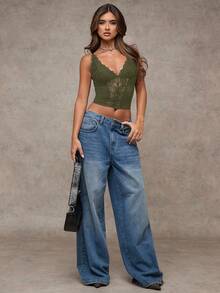 SHEIN BAE Áo corset ren đen gợi cảm dành cho nữ, kiểu dáng đa năng, thích hợp mặc đi chơi, hẹn hò, dự tiệc theo chủ đề, xem hòa nhạc, đón giao thừa, dự tiệc Giáng sinh. - xanh quân đội - Xem 5