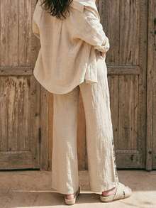 Teen Girls Casual Linen Color Wide Leg Pants, Suitable For Vacation & Daily Wear, Versatile - Khaki - View 2