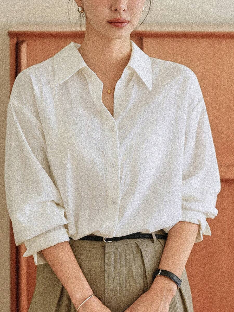 DAZY Áo sơ mi trắng dài tay kiểu dáng tối giản mùa xuân/hè, phù hợp cho công sở, dành cho nữ. - trắng - Xem 1