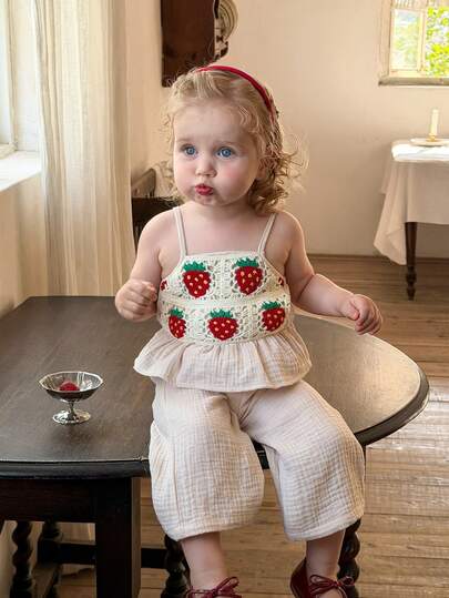 LMoss Kids 2pcs Baby Girl Woven Solid Color Camisole Top And Long Pants Set