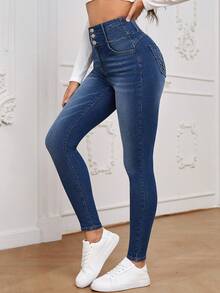 EMERY ROSE Casual Washed High Waist Slim Fit Jeans - Blue - View 1