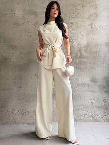 Firerie 女士优雅休闲通勤都市时尚新款垂褶领泡泡袖收腰衬衫上衣搭配高腰阔腿裤米色两件套 - 杏色 - 查看 3