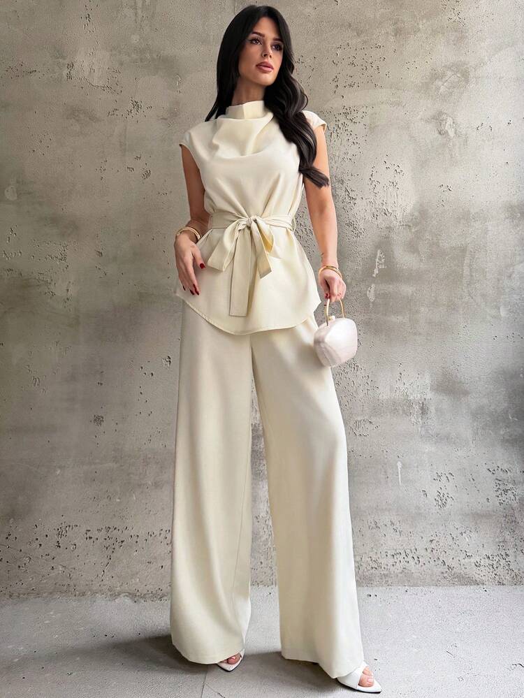 Firerie طقم ملابس علوية وبنطلون عريض الساق من قطعتين للنساء، ملابس علوية بياقة منسدلة وأكمام منتفخة وخصر ضيق، وبنطلون عالي الخصر واسع الساق، باللون البيج، موضة جديدة للارتداء اليومي والخروج - لون مشمشي - مشاهدة 3