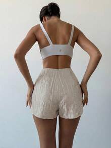 Firerie 女士优雅简约裹身短裙，高腰卡其色不对称下摆修身百搭短裤，休闲度假、教师、海滩度假皆宜 - 卡其色 - 查看 2