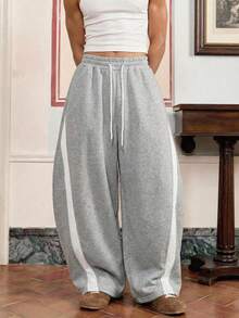 SWAVVY Men's Casual Loose Sweatpants, Light Gray Patchwork Ribbed Plain Men Grey Flared Sweatpants Men Loose Pants Men Grey Baggy Sweatpants Men Grey Wide Leg Sweatpants Mens Wide Leg Side Stripe Gym Pants - Light Grey - View 2