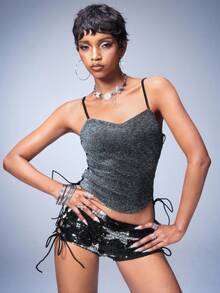 Y2Kool BiGraphic 女士时尚亮片交叉绑带吊带背心，夏季必备 - 黑色 - 查看 4