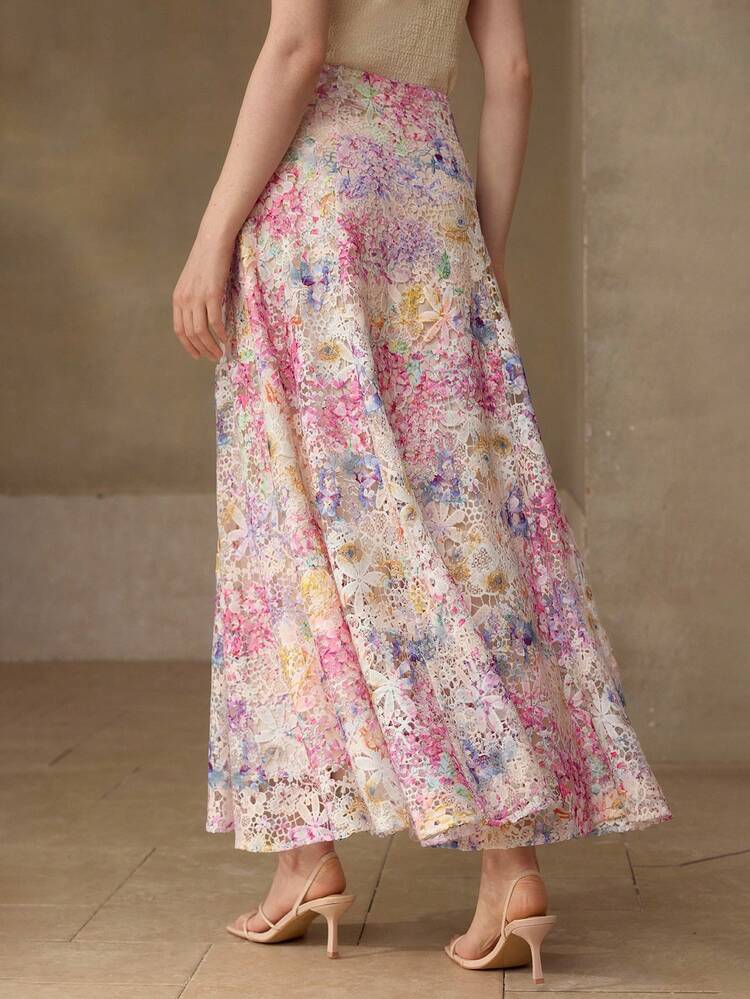 GUIPURE LACE PRINTED WAIST FLARED HEM SLIM FIT SKIRT