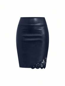 Ellevyn Gonna a matita elegante in contrasto di pizzo e pelle PU, adatta per l'ufficio e il pendolarismo - Blu - Visualizzare 8