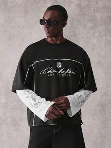 STYNVO Áo thun nam tay ngắn dáng rộng in chữ, phong cách thường ngày. - màu đen - Xem 6