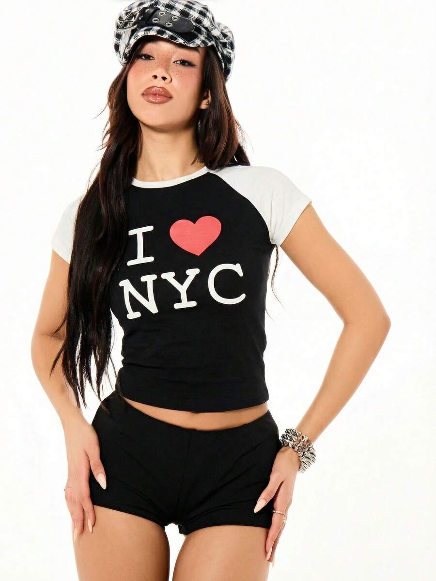 SUMWON WOMEN I Love NYC" Heart Graphic Baby Tee Raglan Sleeve Contrast Top Short Sleeve Casual Crop Fit Casual Street Style Urban Fashion - Black - View 1