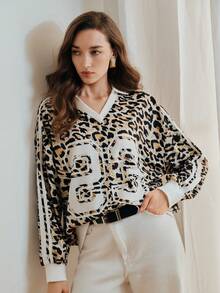 Anewsta 女士时尚优雅豹纹休闲百搭高品质舒适长袖套头卫衣，春季 - 卡其色 - 查看 7